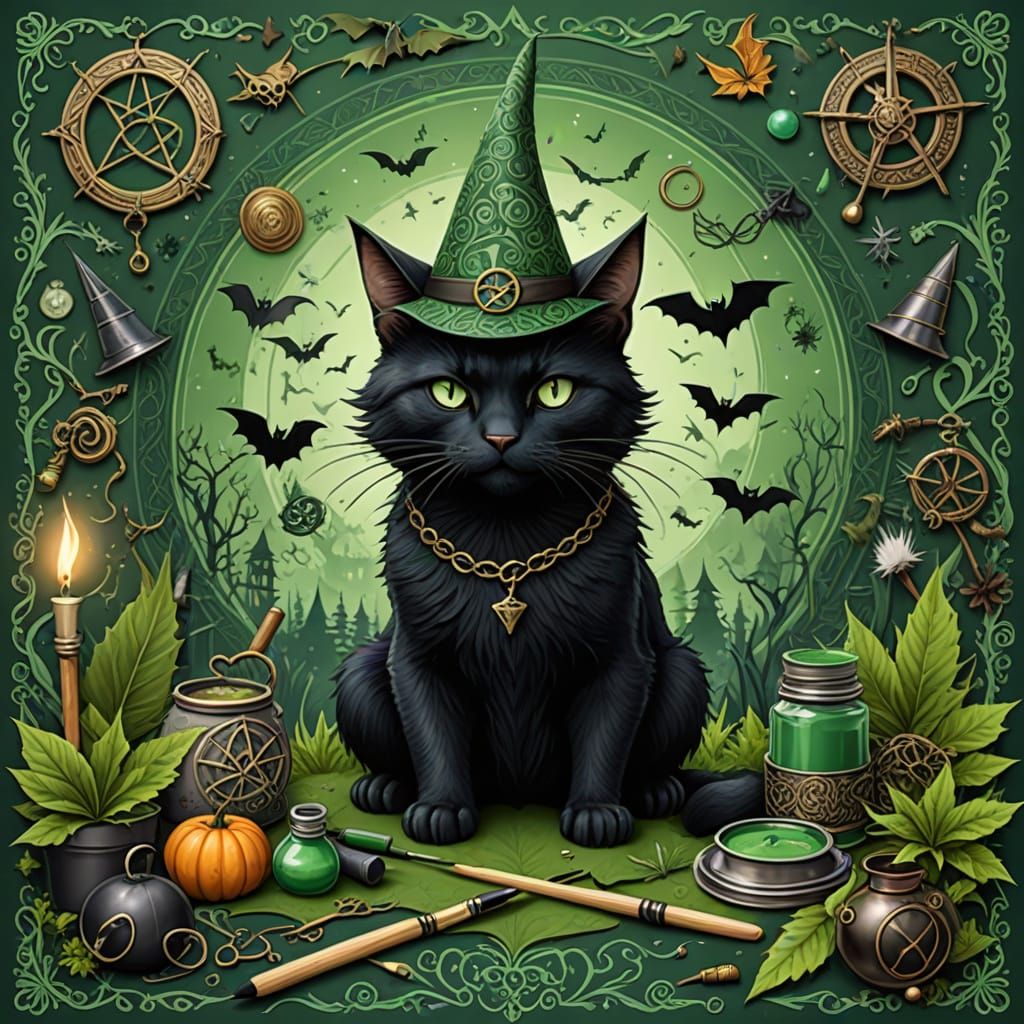 Wiccan Scrapbook Page with Cat and Witch Hat