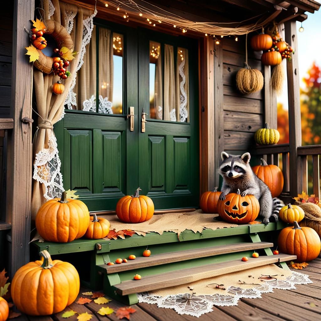 Raccoon Feast: Autumnal Still Life with Pumpkins