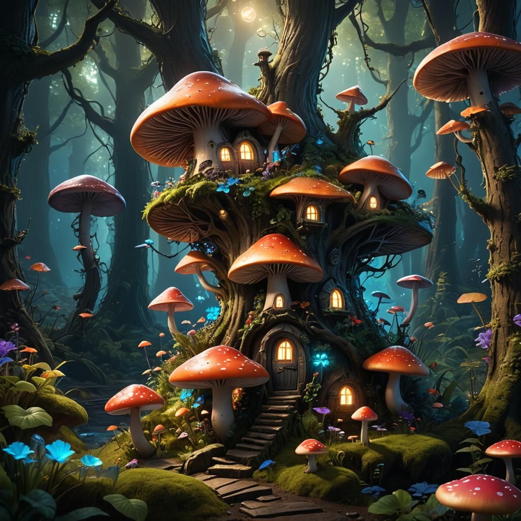Enchanted Bioluminescent Forest Mushroom Abode