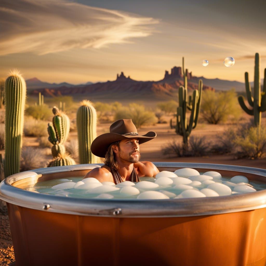Cowboy Bubble Bath in Desert Landscape at Sunset