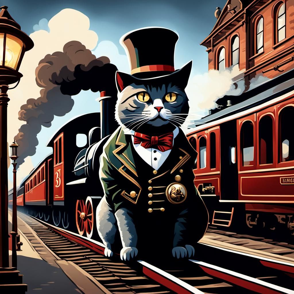 Victorian Cat on Steam Train in 19th-Century Scene