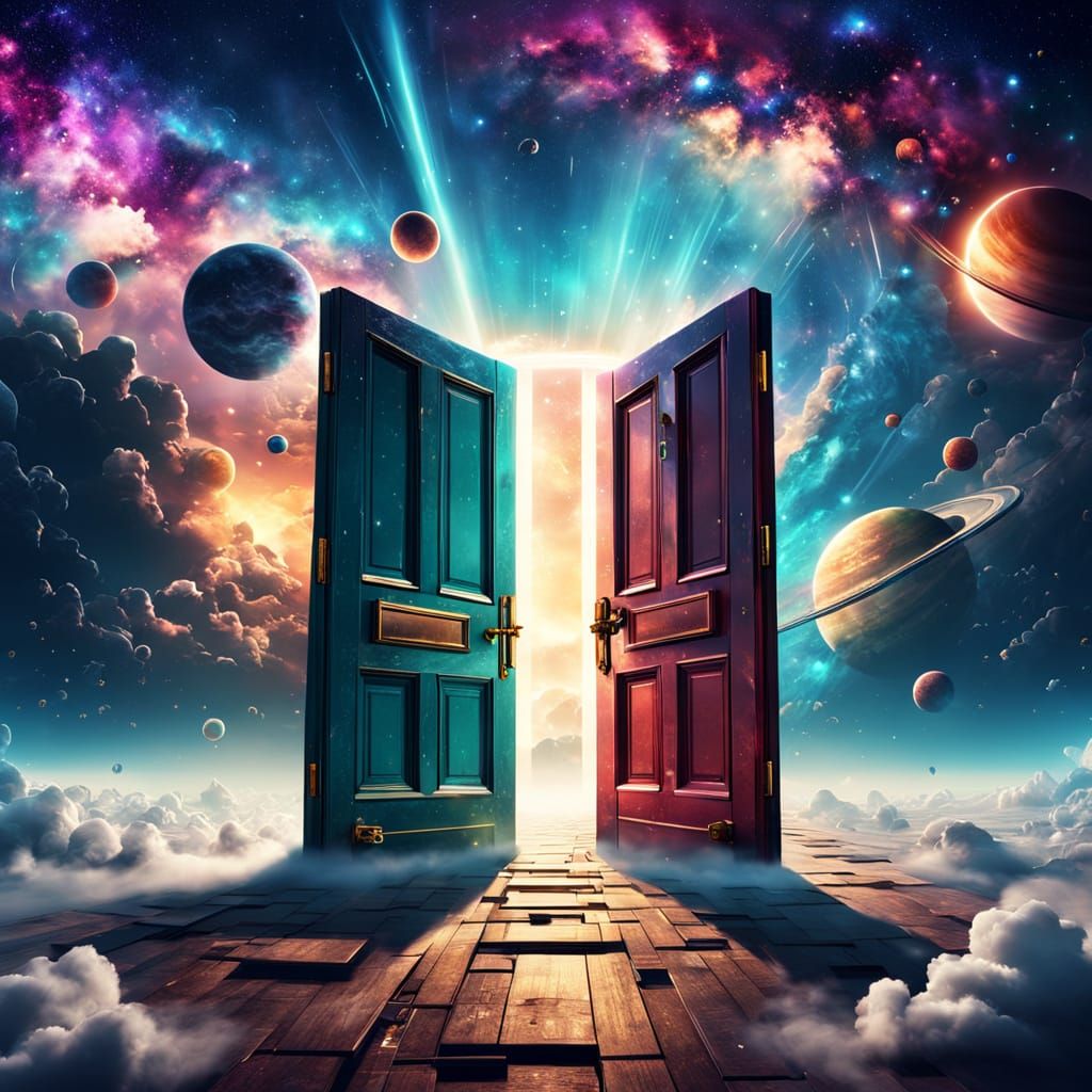 Surreal Vintage Doors Open to Cosmic Space