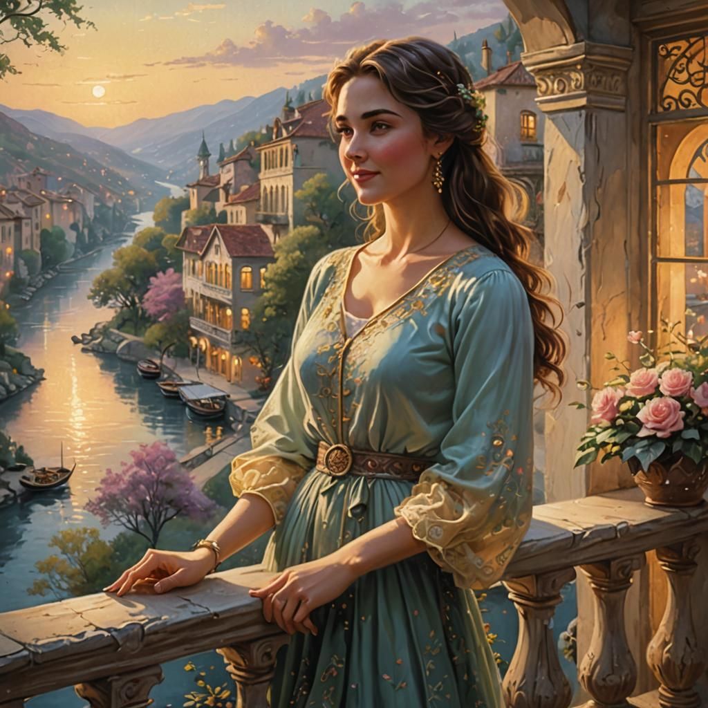 Woman on Balcony Overlooking River, Romanticist Painting