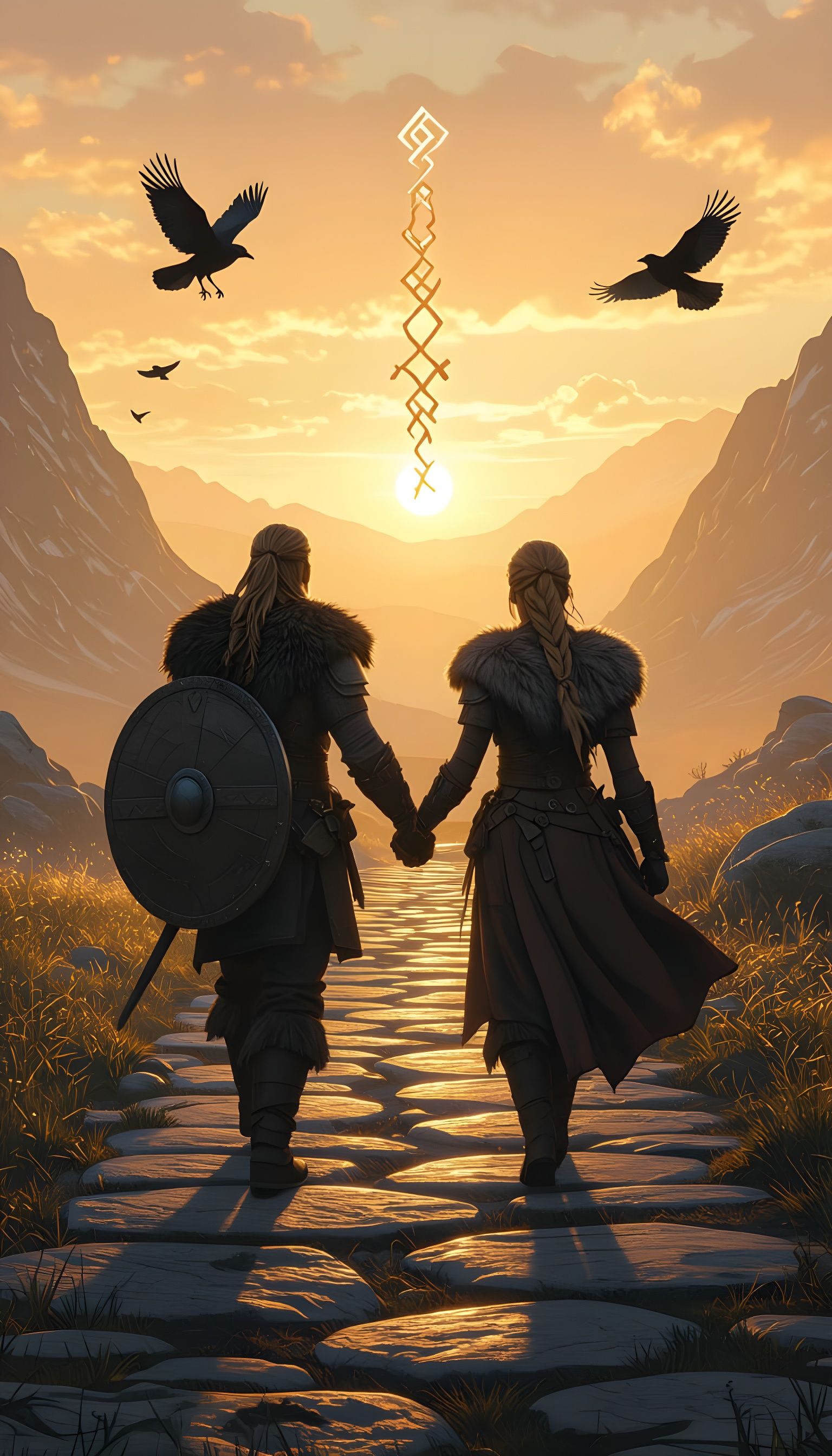 Nordic Warriors Stroll Through Luminous Valley