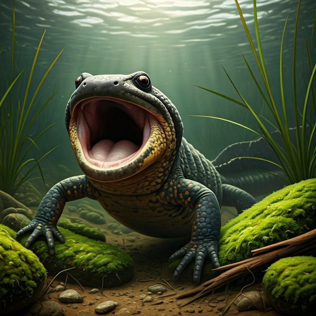 Giant Salamander Yawns in Algae-Covered Swamp Depths