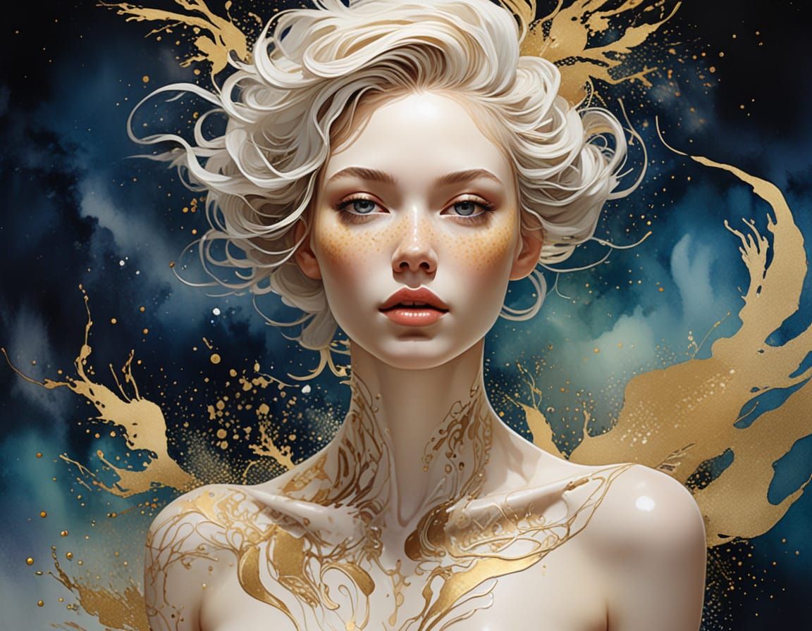 Ethereal Watercolor Figure Study with Nebula Background