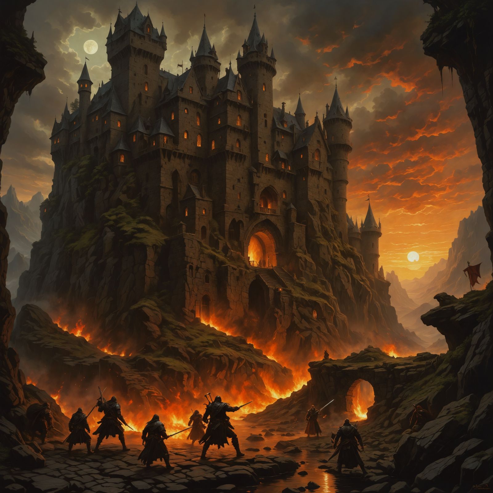 Epic Dark Fantasy Battle in Oil Painting Style