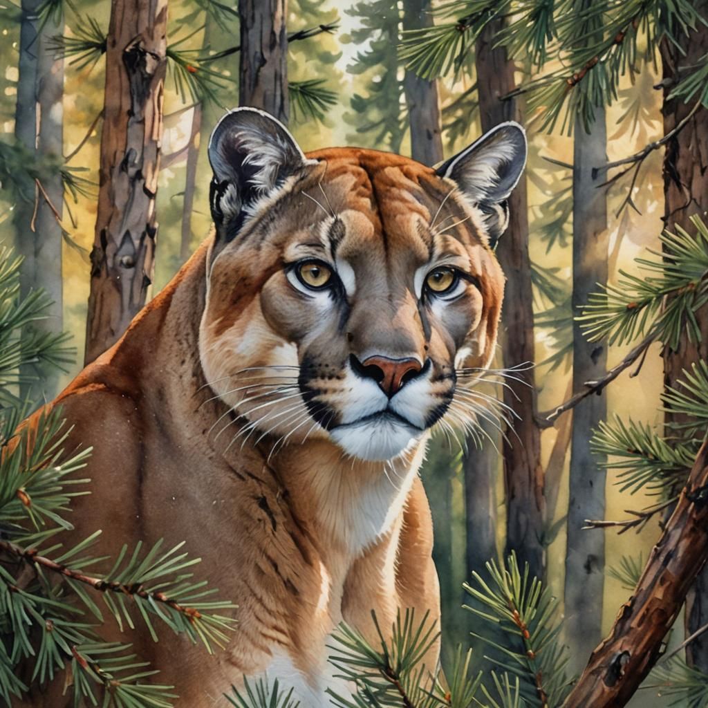 Cougar in Pines: Watercolor Impressionist Wildlife Art