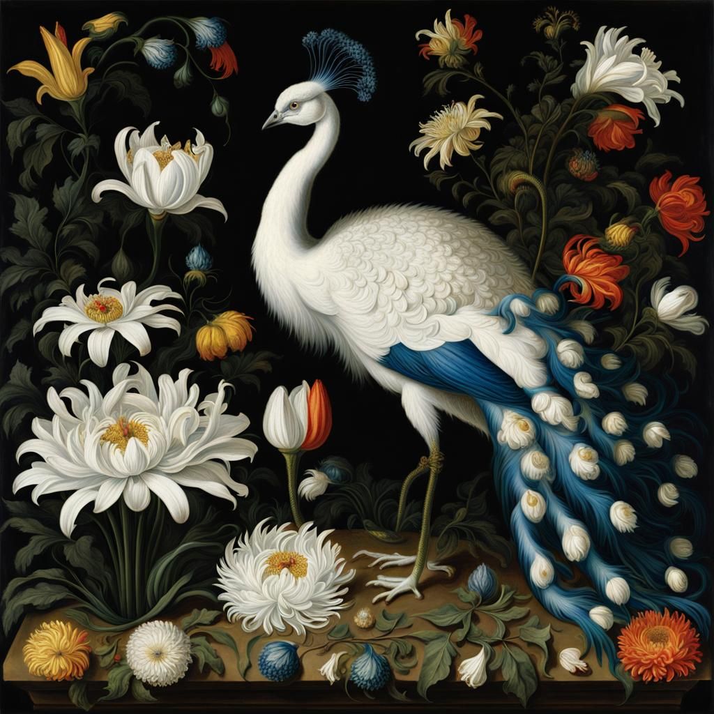 Ethereal White Peacock Amidst an Ode to Lilies and Chrysanth...