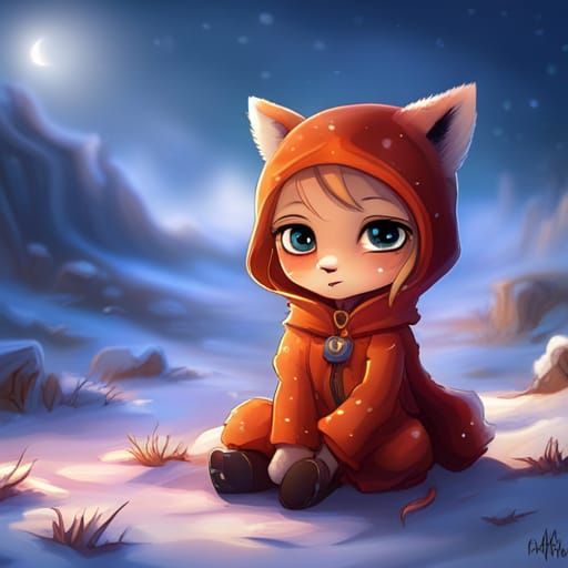 Adorable Chibi Fox-Girl in Snow, Hyperrealistic Art