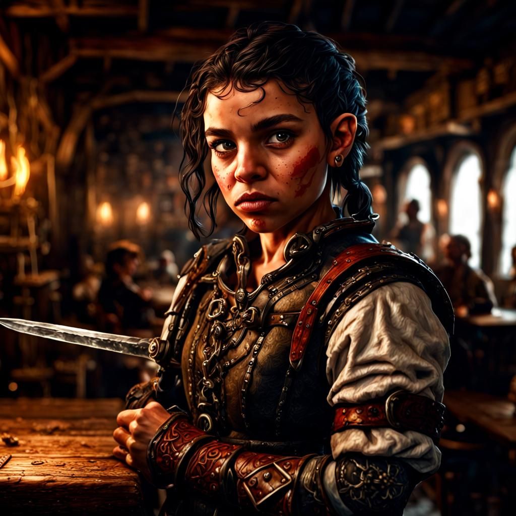 Latina Halfling Fighter Portrait in a Tavern