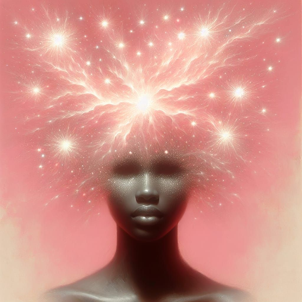 Ethereal Portrait: Woman Merging with Stars in Pink Tones