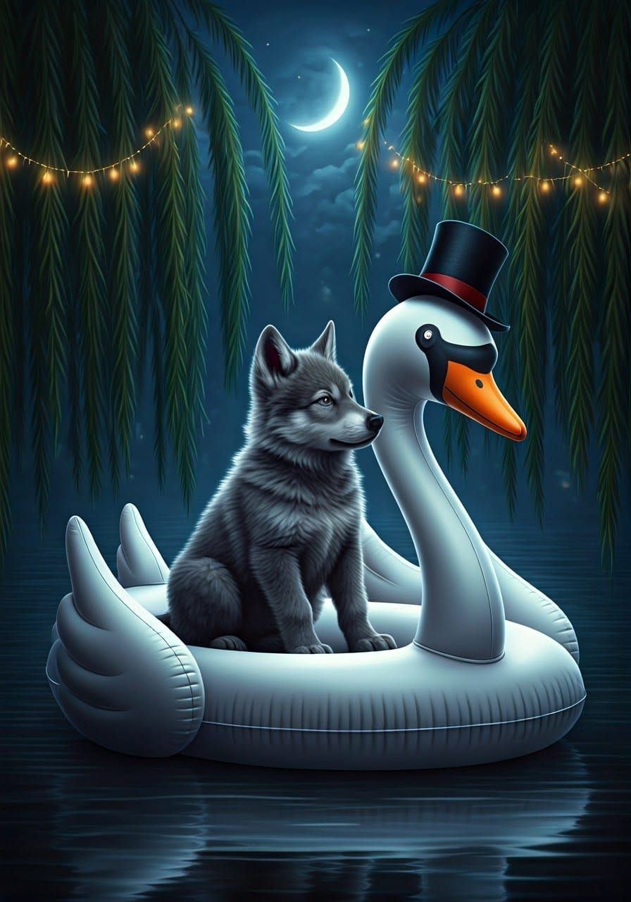 Charcoal Gray Wolf Pup Sits Regally on Inflatable Swan