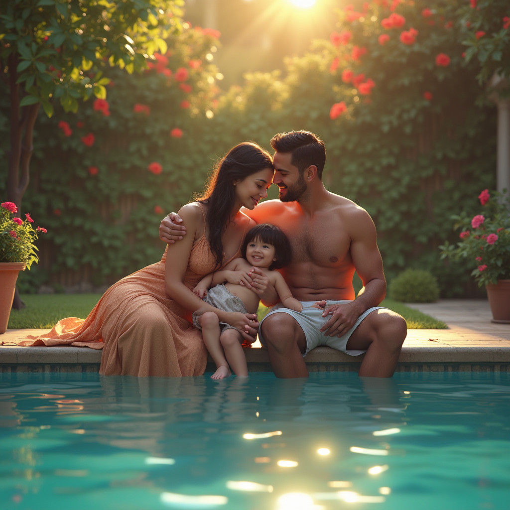 Family's Serene Poolside Moment in Fantasy Style
