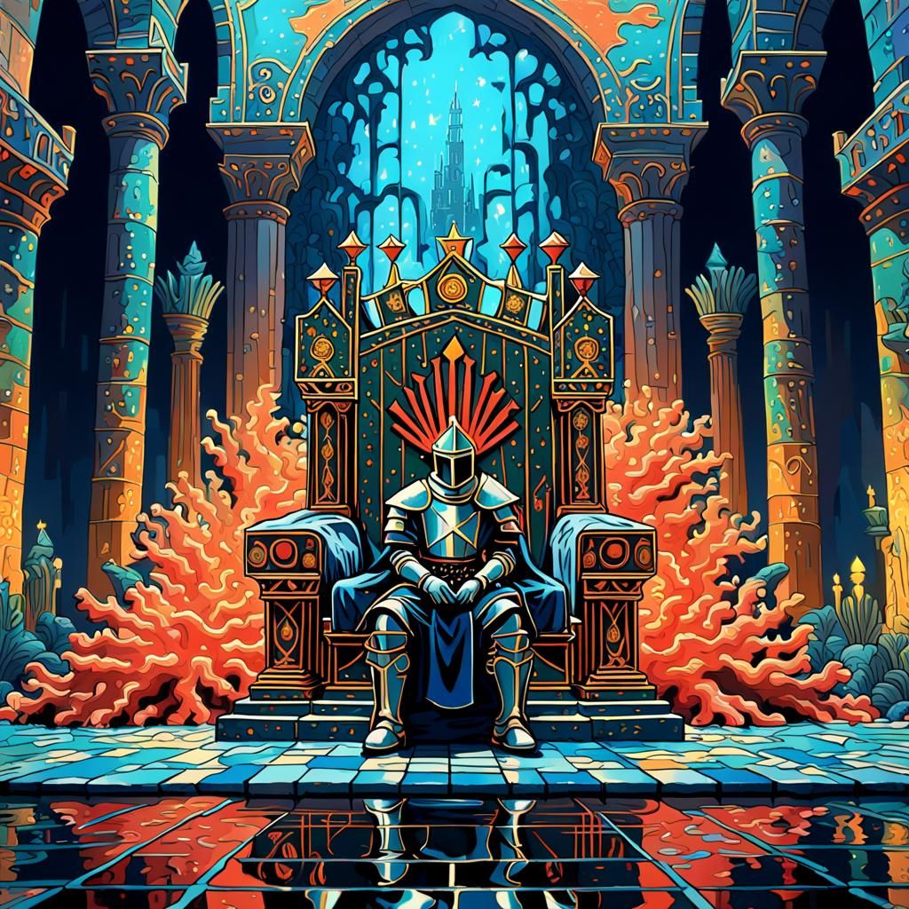 Knight Kneeling Before Coral King: Enamel Pin Art