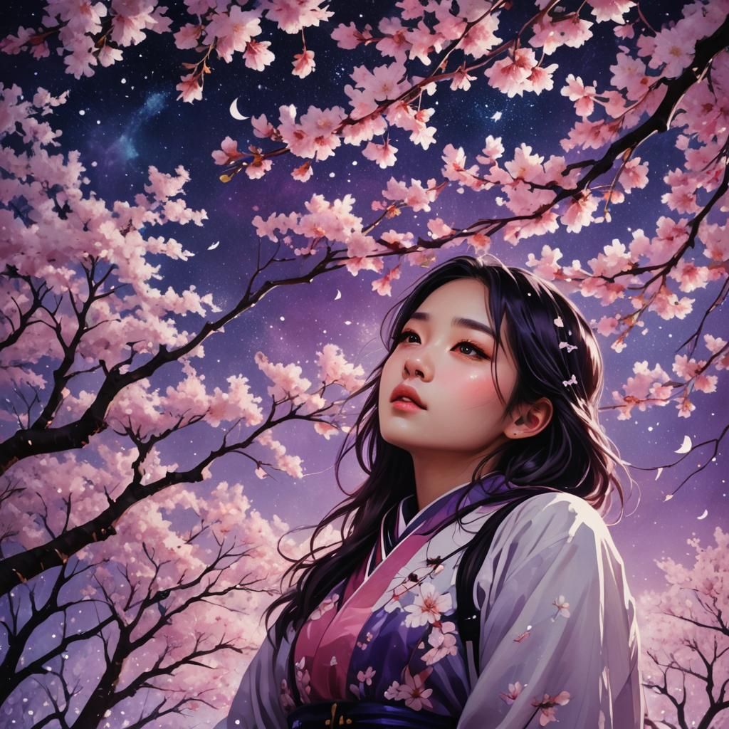 Girl Under Cherry Blossoms in Purple Night Sky