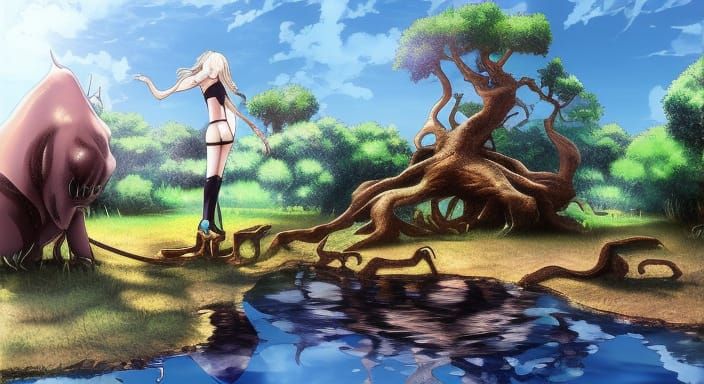 Anime Woman Sinking in Tar Pit - Manga Style