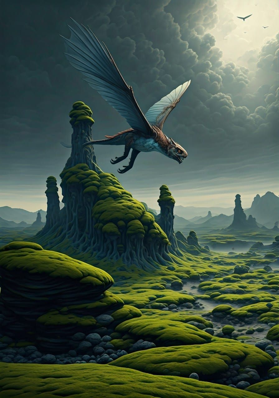 Otherworldly Creature Gliding Over Alien Landscape