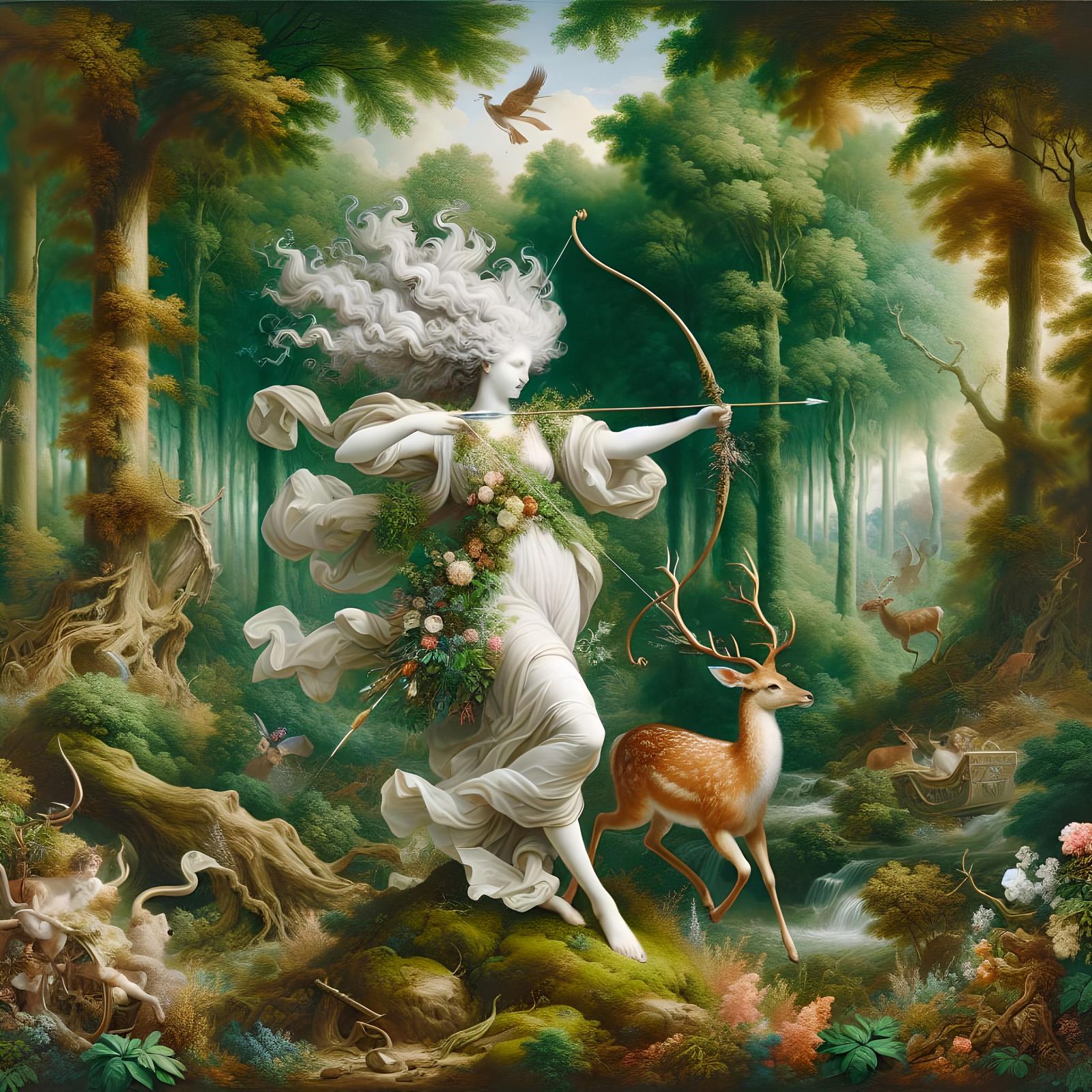 Goddess Diana with Bow and Deer in Baroque Style