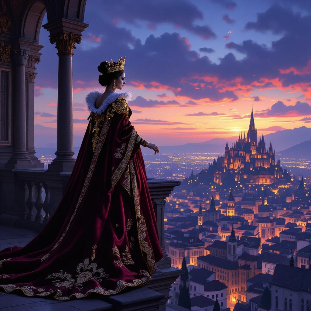 Regal Queen Surveys Prosperous Kingdom at Twilight