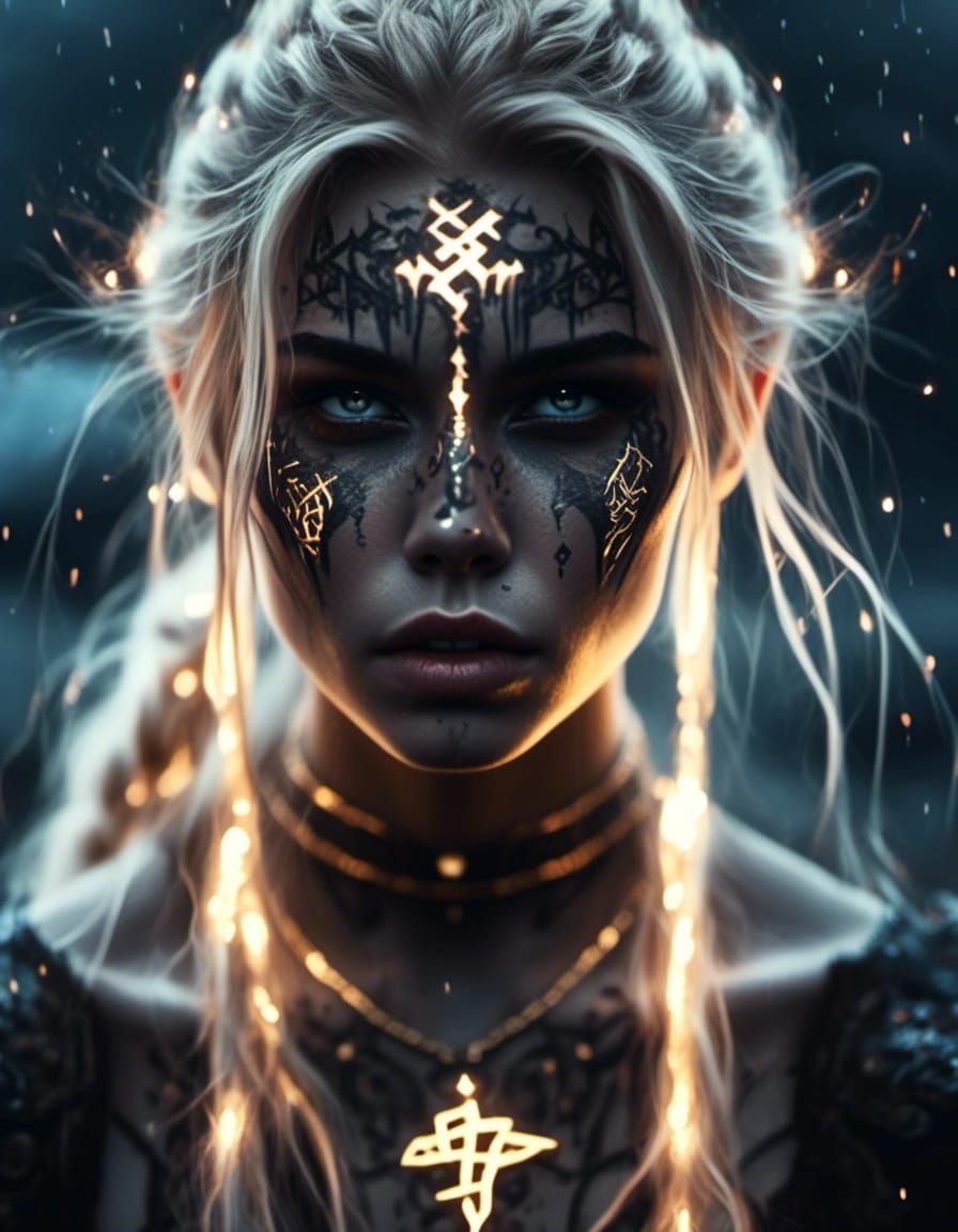 Norse Warrior with Glowing Runes in Stormy Setting