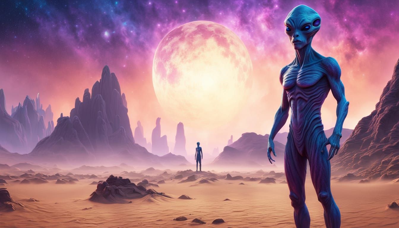 Alien in Desert Under Nebula Sky: Digital Matte Painting