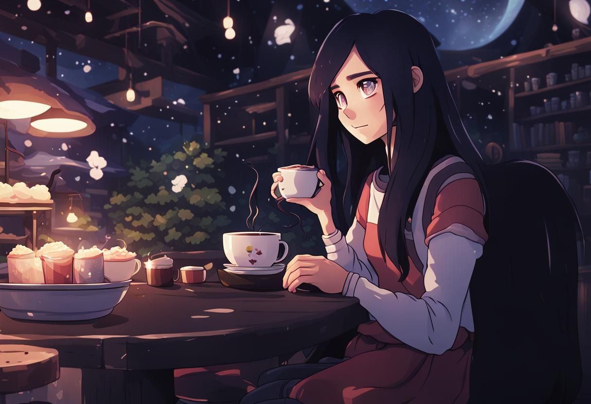 Girl with Cosmos Eyes Drinking Hot Chocolate