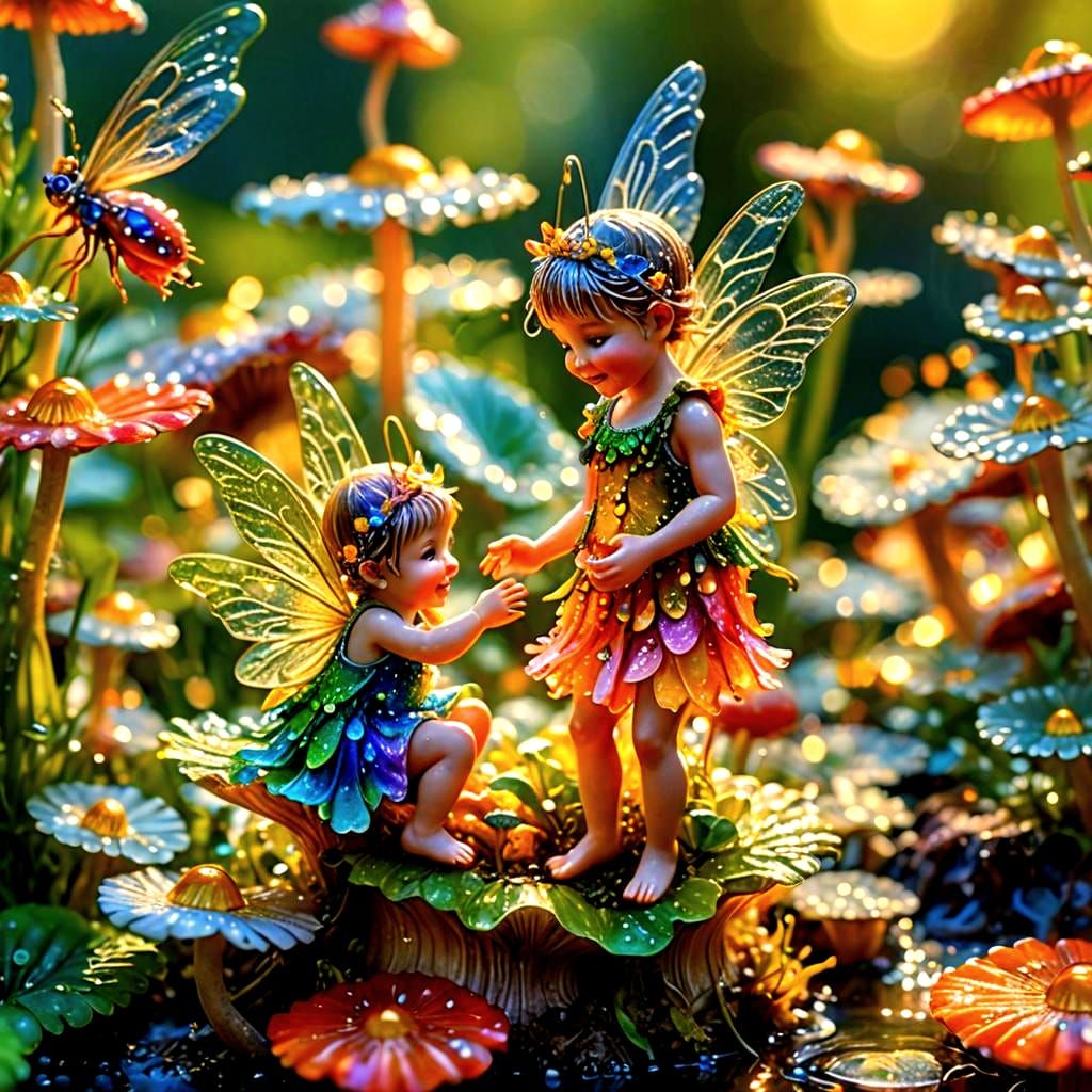 Baby Fairies Dancing on Mushroom: Macro Photography