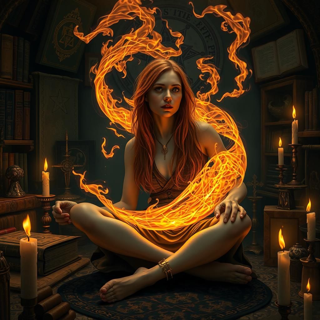 Mystical Ginger Woman in Firelit Chamber