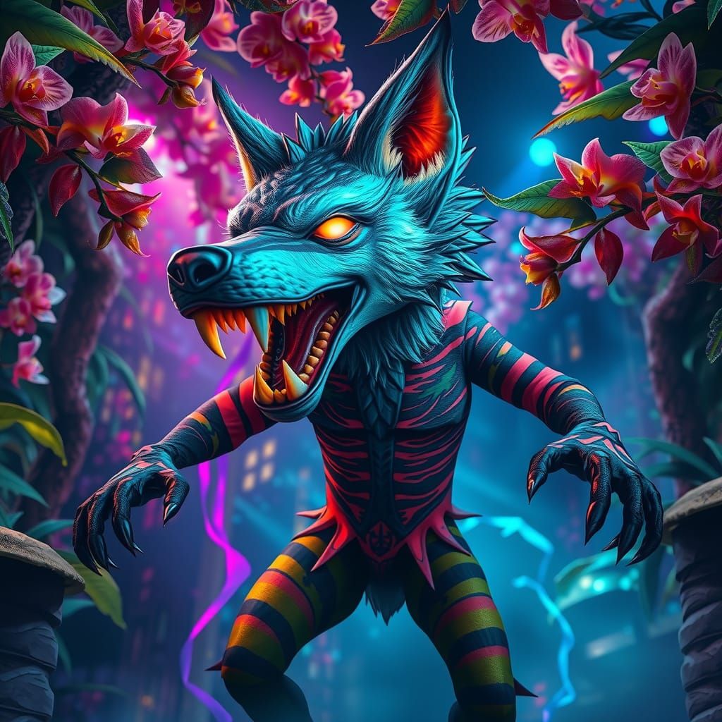 Hybrid Dracula Wolf Creature Dancing in Alien Rave