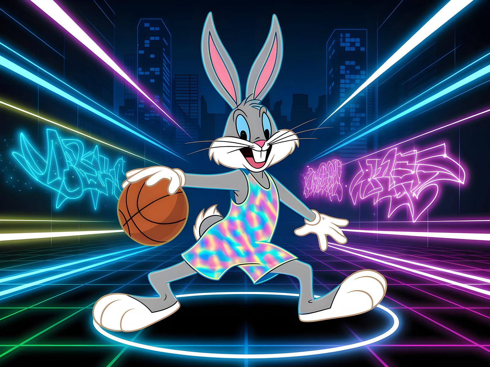 Bugs Bunny Plays Basketball in Cyberpunk Style