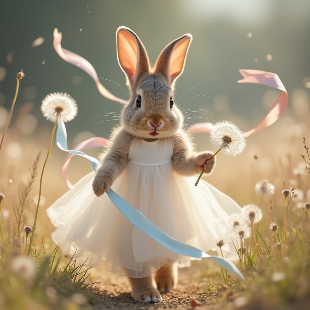 Playful Bunny Girl with Ribbons in Hyperrealistic Style