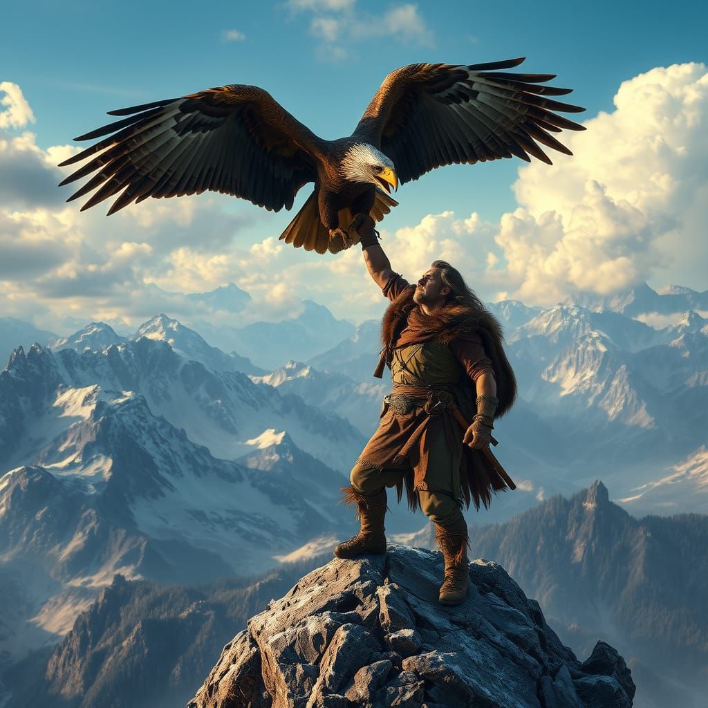 Eagle Hunter on Windswept Peak, Hyperrealistic Style