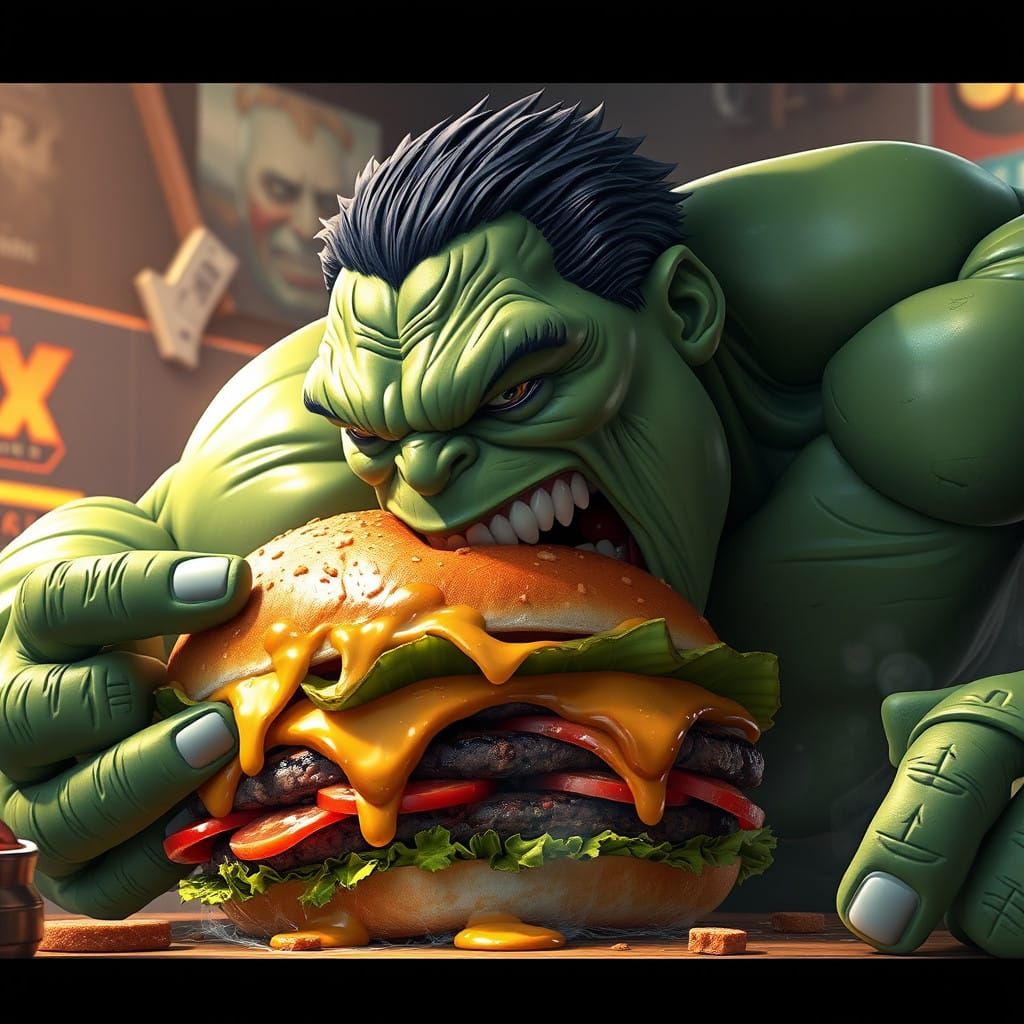 Hulk Devours a Juicy Burger in Hyper-Realistic 3D Anime Styl...