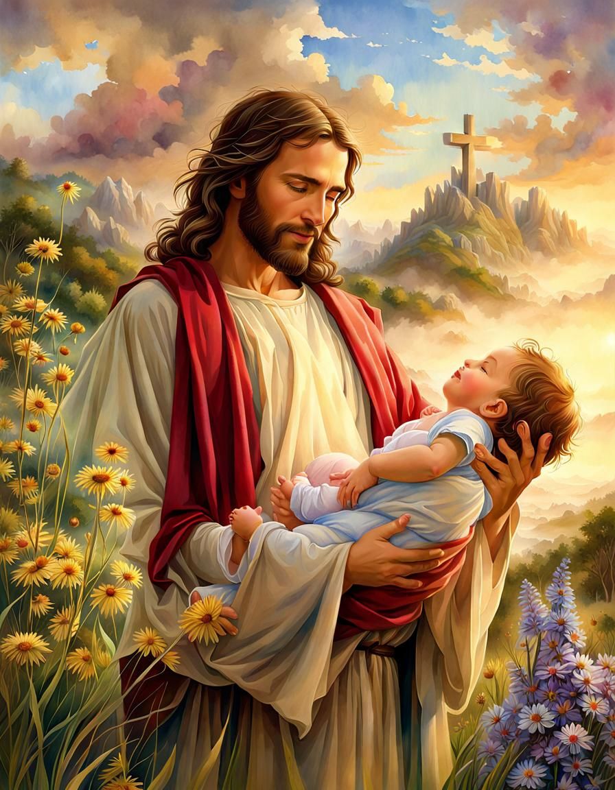 Jesus Holding Baby in Watercolor Meadow