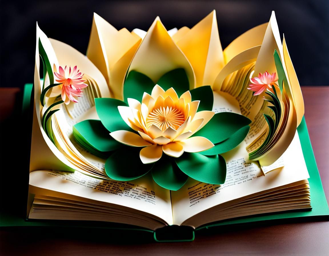 Kirigami Lotus Pond Rising from Open Book