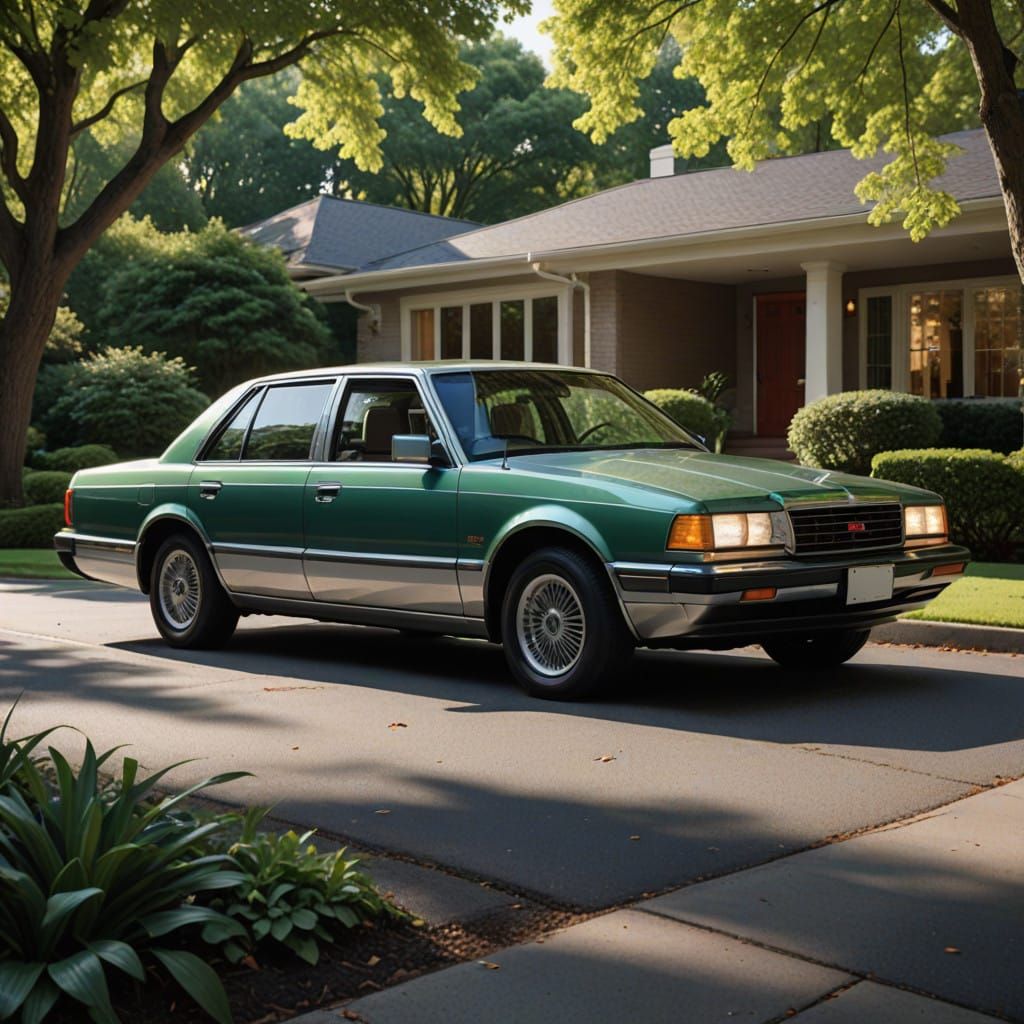 1990s Mid-Size Family Sedan in Metallic Green and Silver, In...