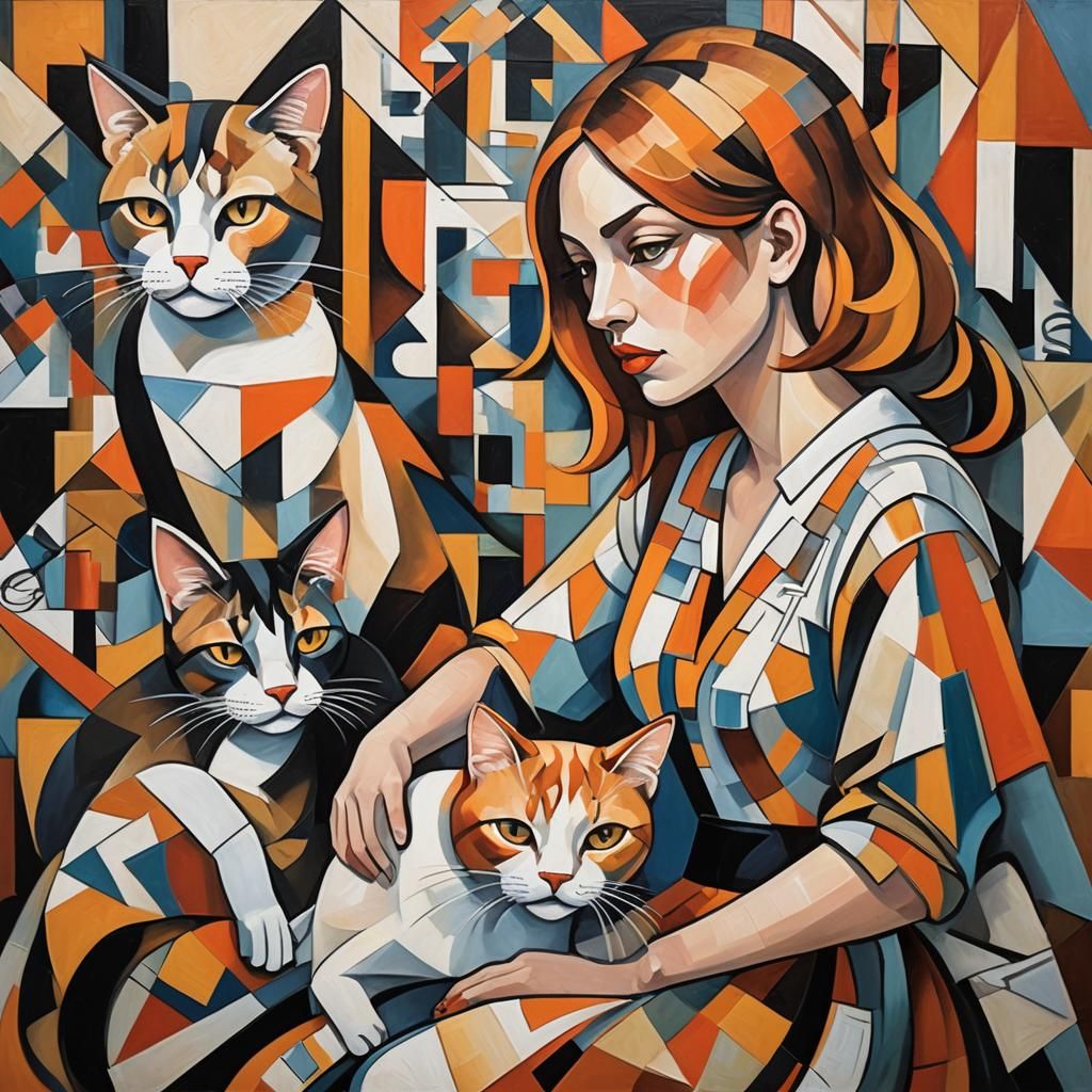 Cubist Portrait of Girl and Cat in Vector Art