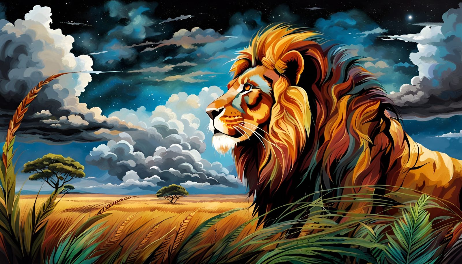 Lion Face Blending with Clouds over African Savanna