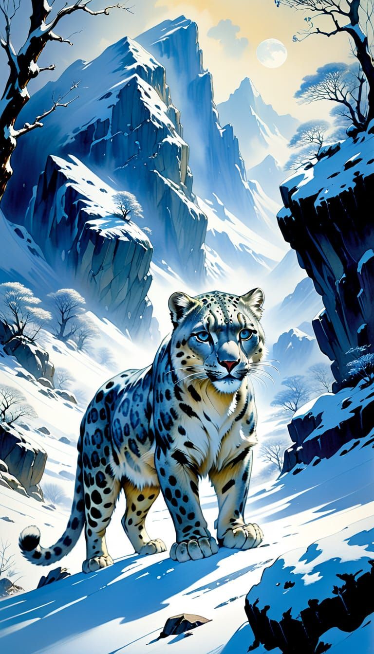 Majestic Snow Leopard in Crystal Winter Landscape
