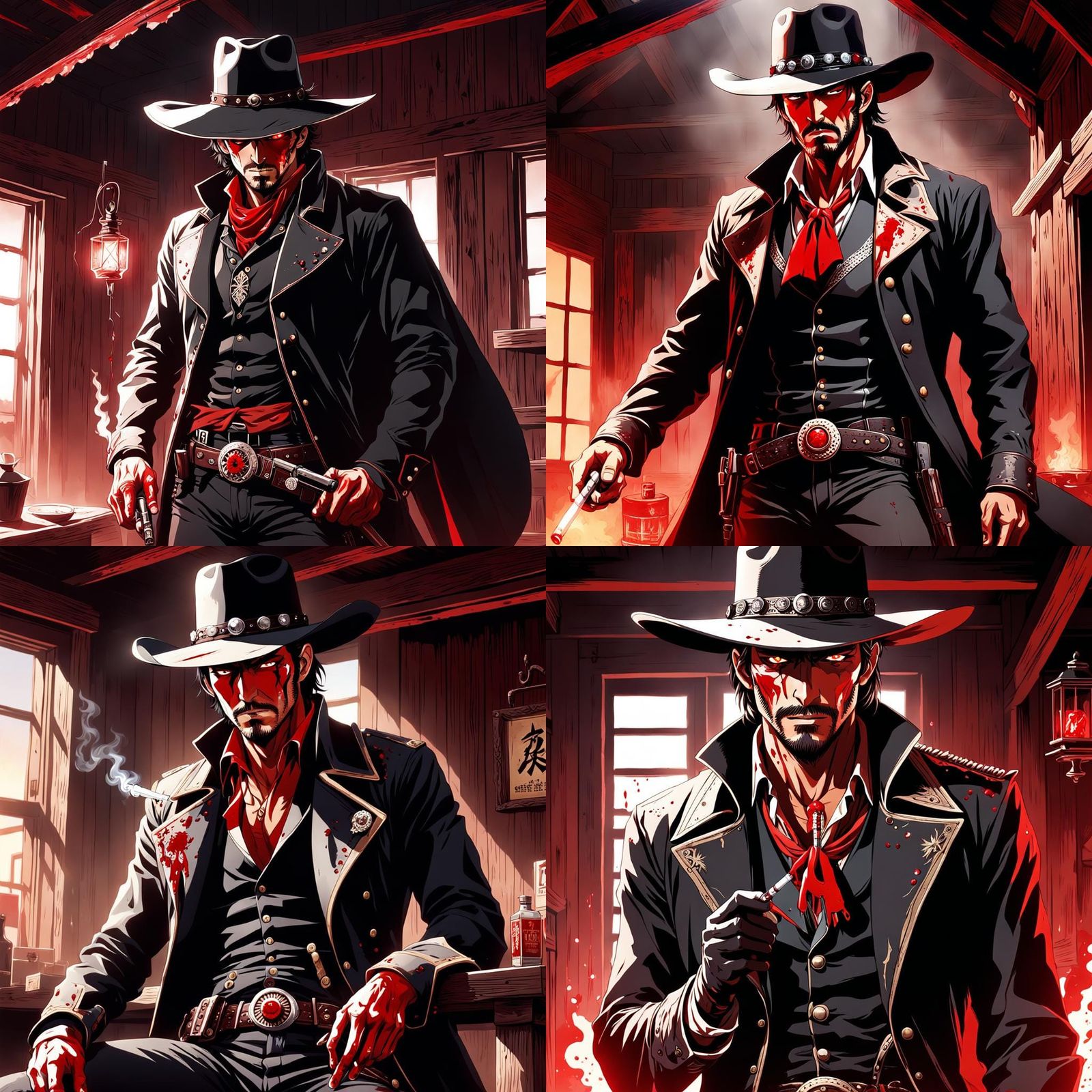 Anime Cowboy with Scarlet Eyes in Wild West Home