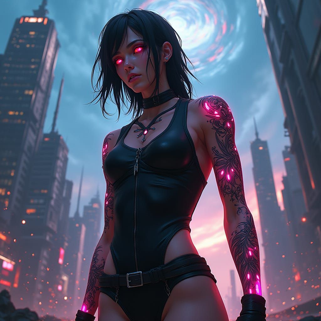 Cyberpunk Warrior Defies Ruins in a Futuristic Cityscape