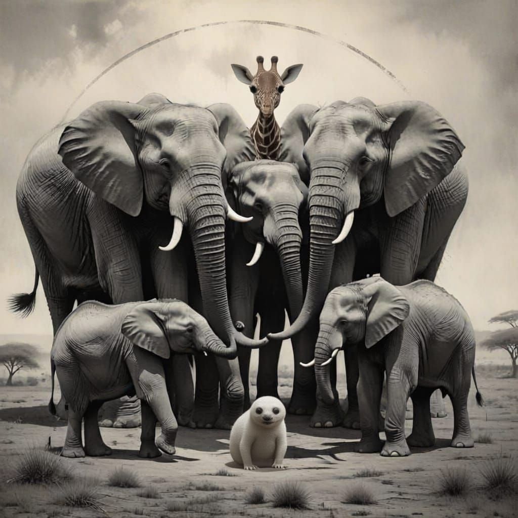 Elephants in Bromoil Print Style Form Circle of Trust