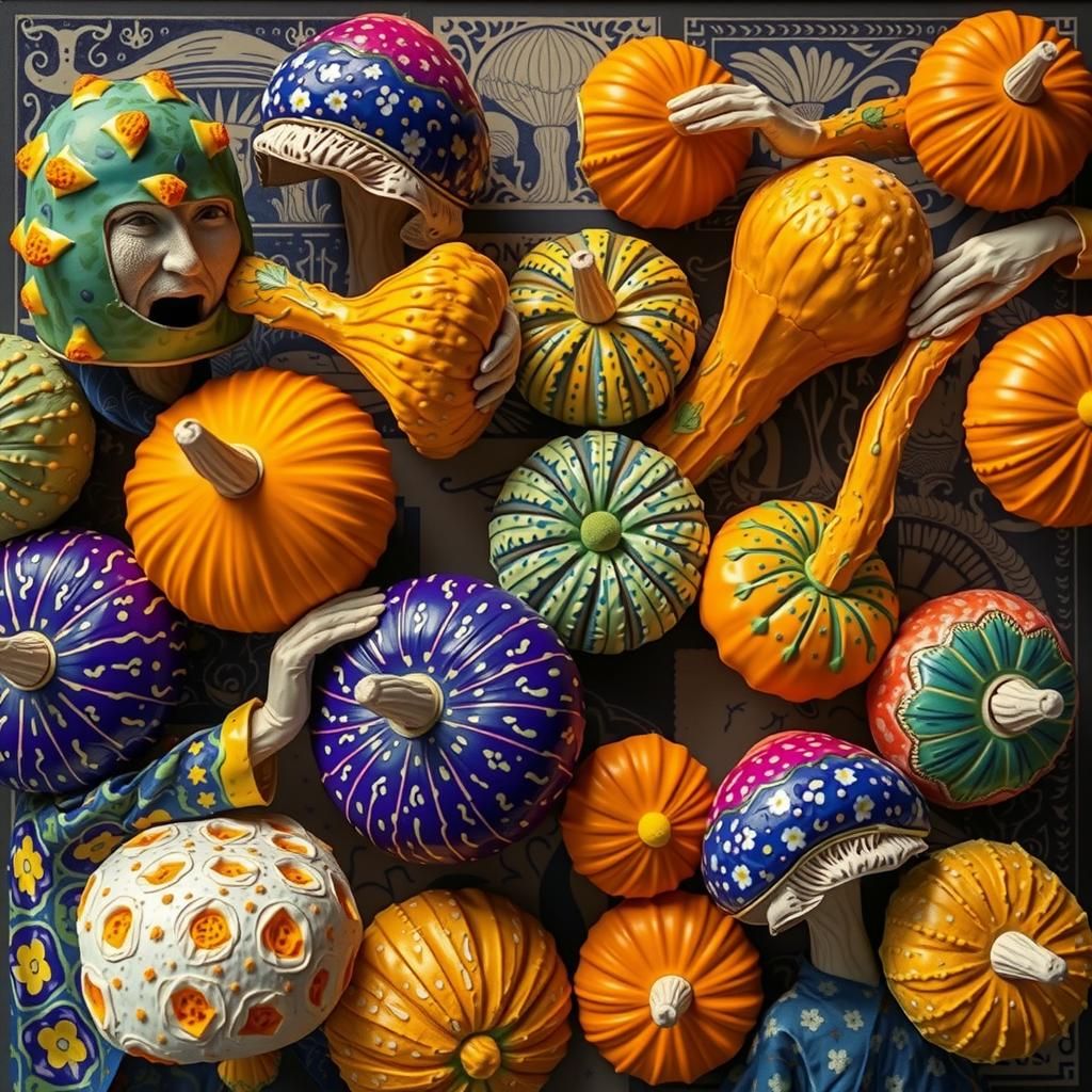 Porcelain Workers Tend Giant Mushrooms in Studio Photograph