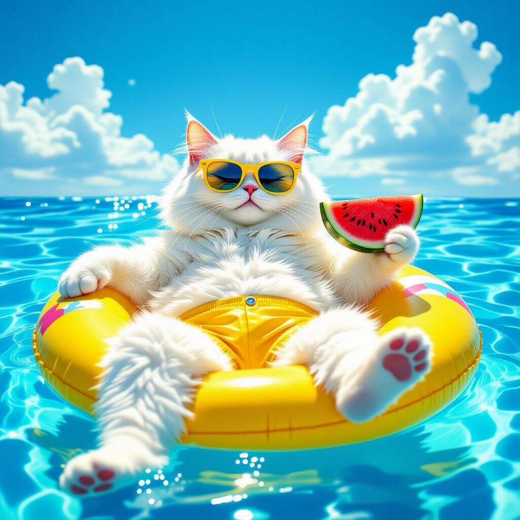 Fluffy Cat Lounging on Pool Float in Summer
