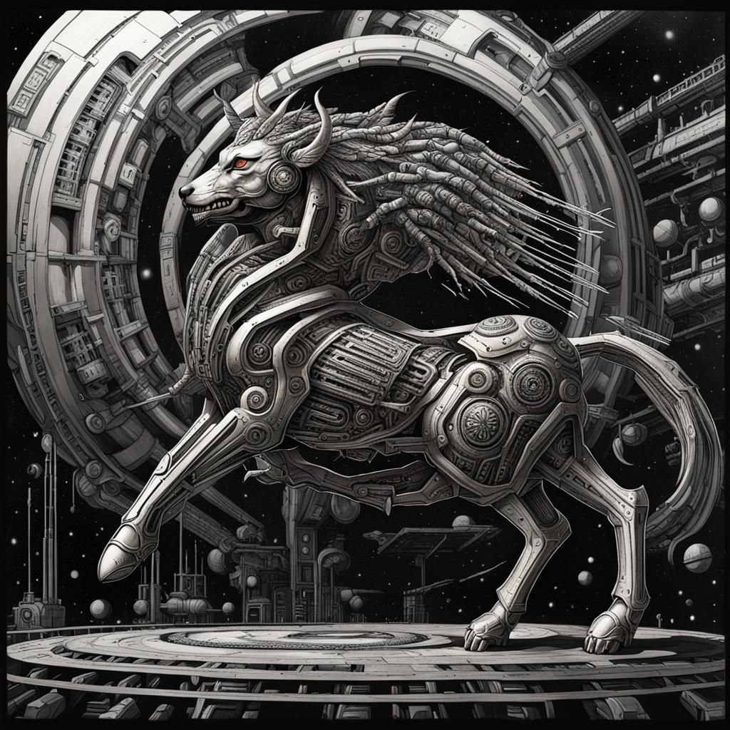 (cyborg female seraphim) feline centaur, exploding space station, h.r. giger style