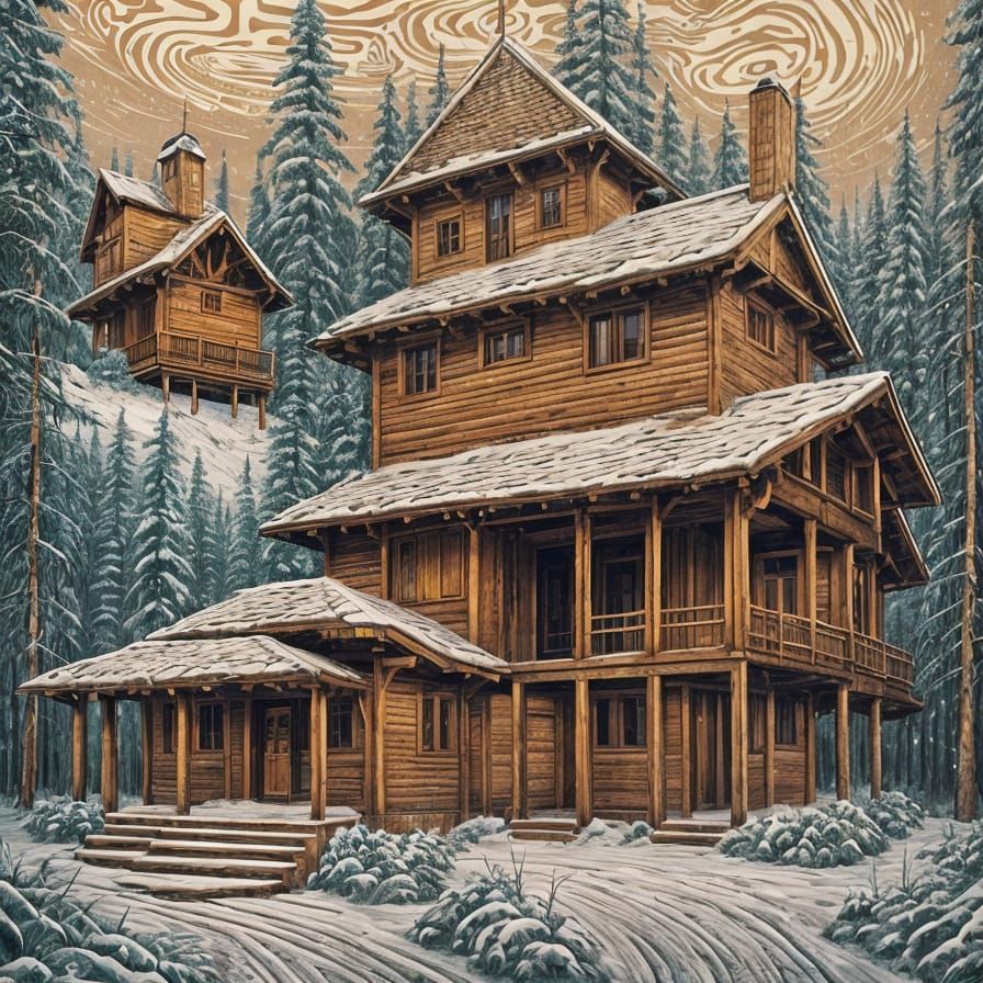 Winter Izba in Russia: Woodcut Style