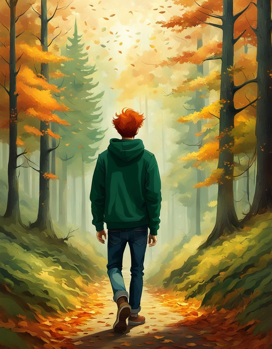 Boy Walks in Autumn Forest, Van Gogh Style