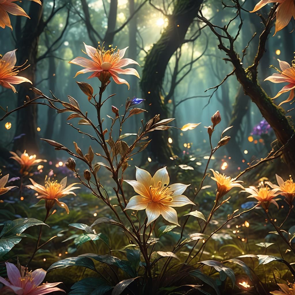 Exotic Flower Blooms in Mystical Forest: Digital Matte Paint...