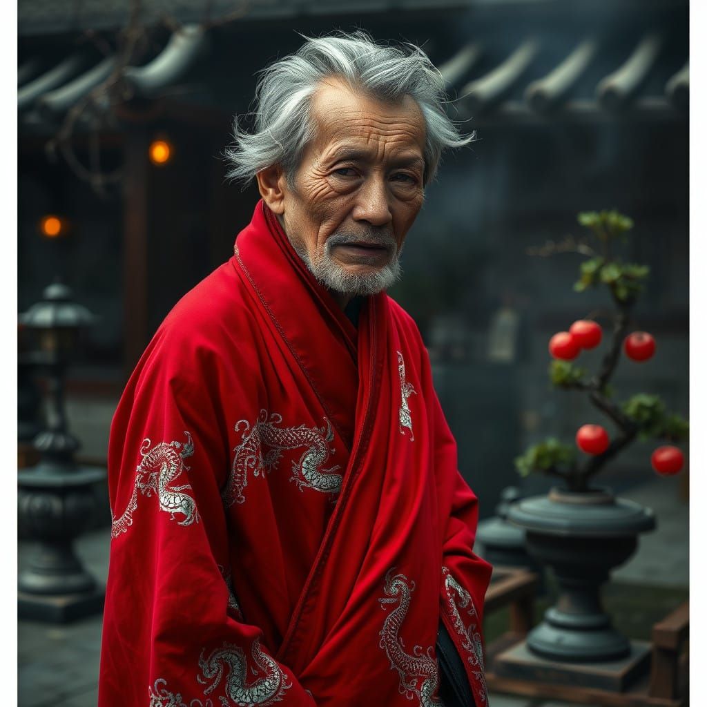 Elderly Man in Red Robe with Dragons Embroidery, Garden Sett...